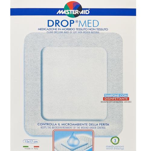 Master Aid Drop Med Woundpad with Antibacterial Substance 15x17cm Αυτοκόλλητες, Αντικολλητικές Γάζες Εμποτισμένες με Απολυμαντικό 3 Τεμάχια